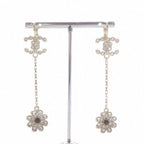 Chanel 18C CC Logo Rhinestone Flower Drop Earrings Gold