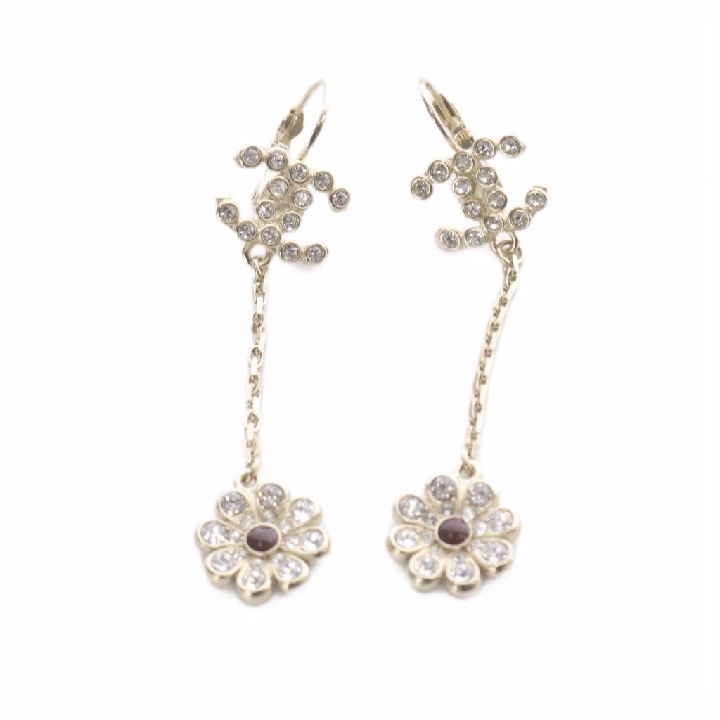 Chanel 18C CC Logo Rhinestone Flower Drop Earrings Gold — view 5