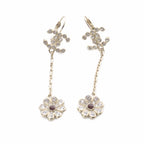 Chanel 18C CC Logo Rhinestone Flower Drop Earrings Gold — view 5