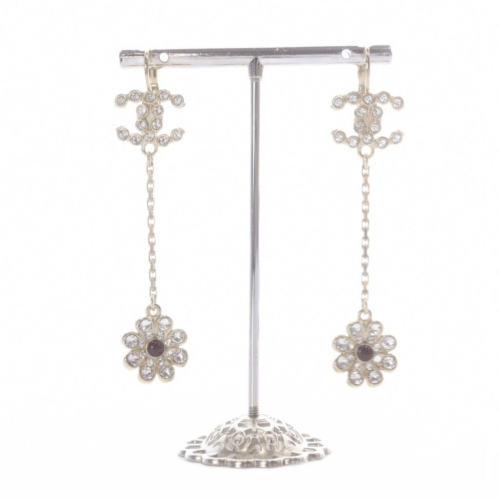 Chanel 18C CC Logo Rhinestone Flower Drop Earrings Gold — view 2