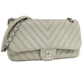 Chanel Chevron Chain Shoulder Bag V-stitch Studs Leather Gray
