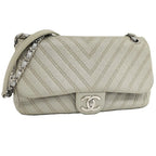 Chanel Chevron Chain Shoulder Bag V-stitch Studs Leather Gray
