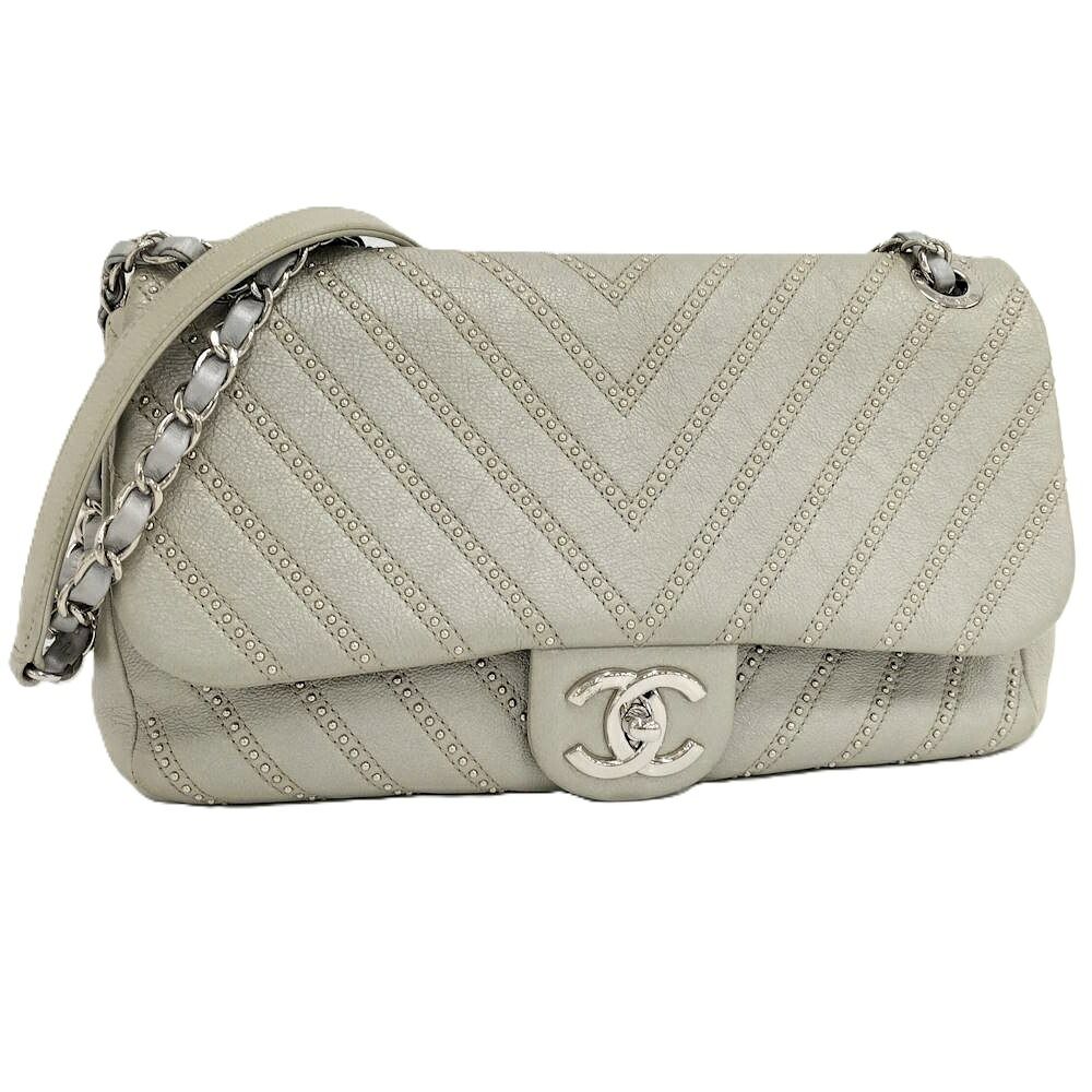 Chanel Chevron Chain Shoulder Bag V-stitch Studs Leather Gray
