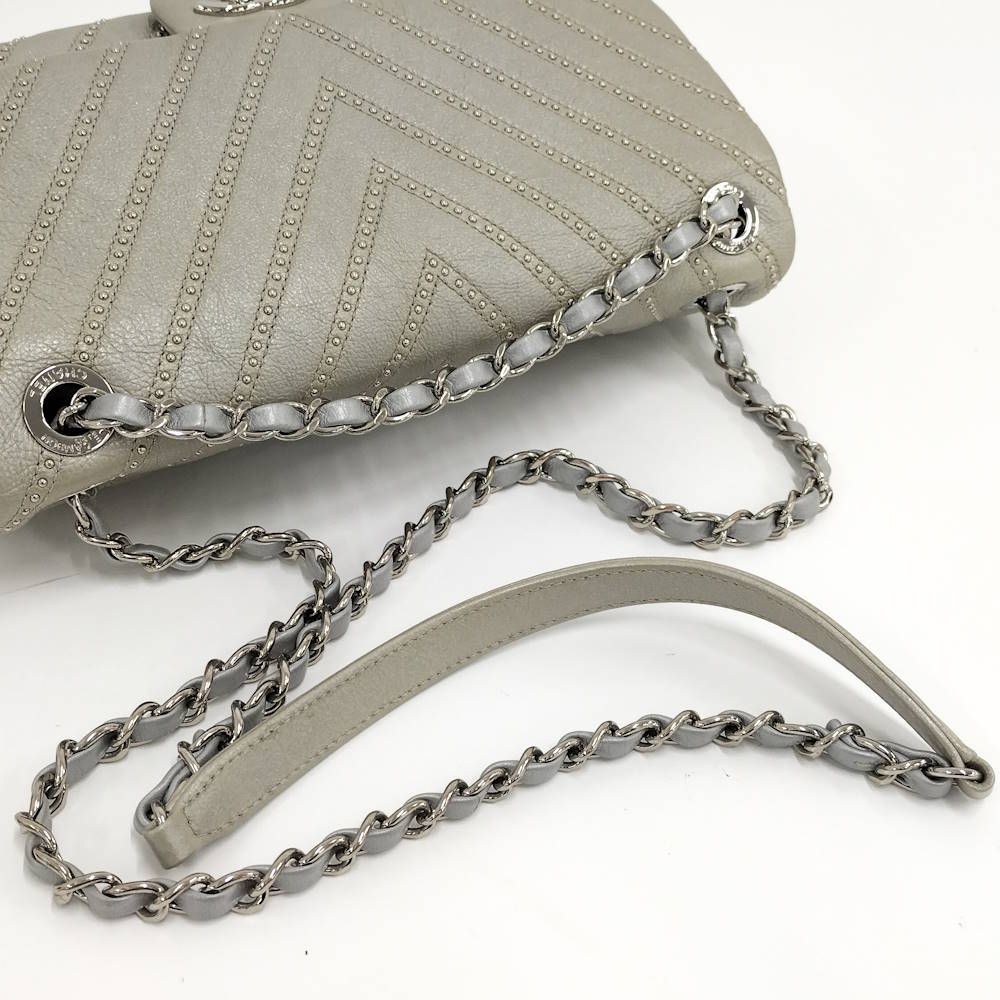 Chanel Chevron Chain Shoulder Bag V-stitch Studs Leather Gray — view 6
