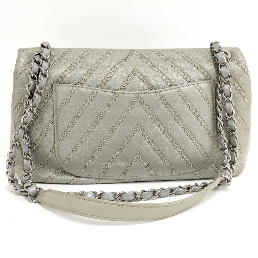 Chanel Chevron Chain Shoulder Bag V-stitch Studs Leather Gray — view 2