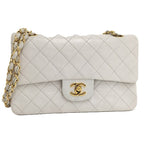 Chanel Quilted 23 Chain Shoulder Bag Double Flap Gold Leather White