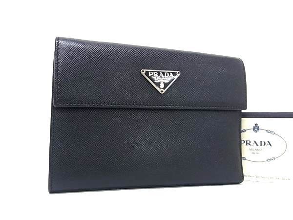 Prada Trifold Wallet Triangle Logo Black Saffiano Leather Silver