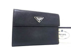 Prada Trifold Wallet Triangle Logo Black Saffiano Leather Silver