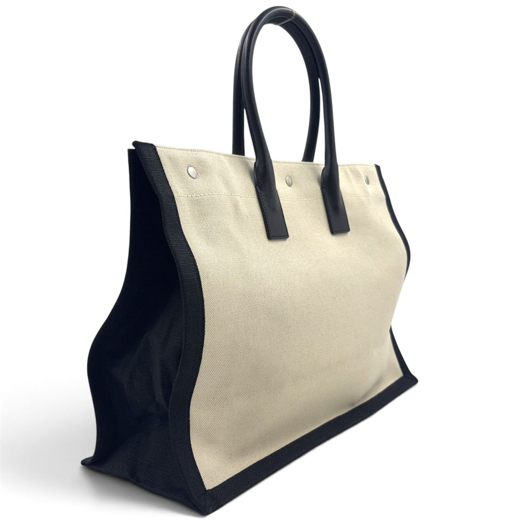 Saint Laurent Paris Rive Gauche Leather Canvas Black Beige Tote Bag Silver — view 2