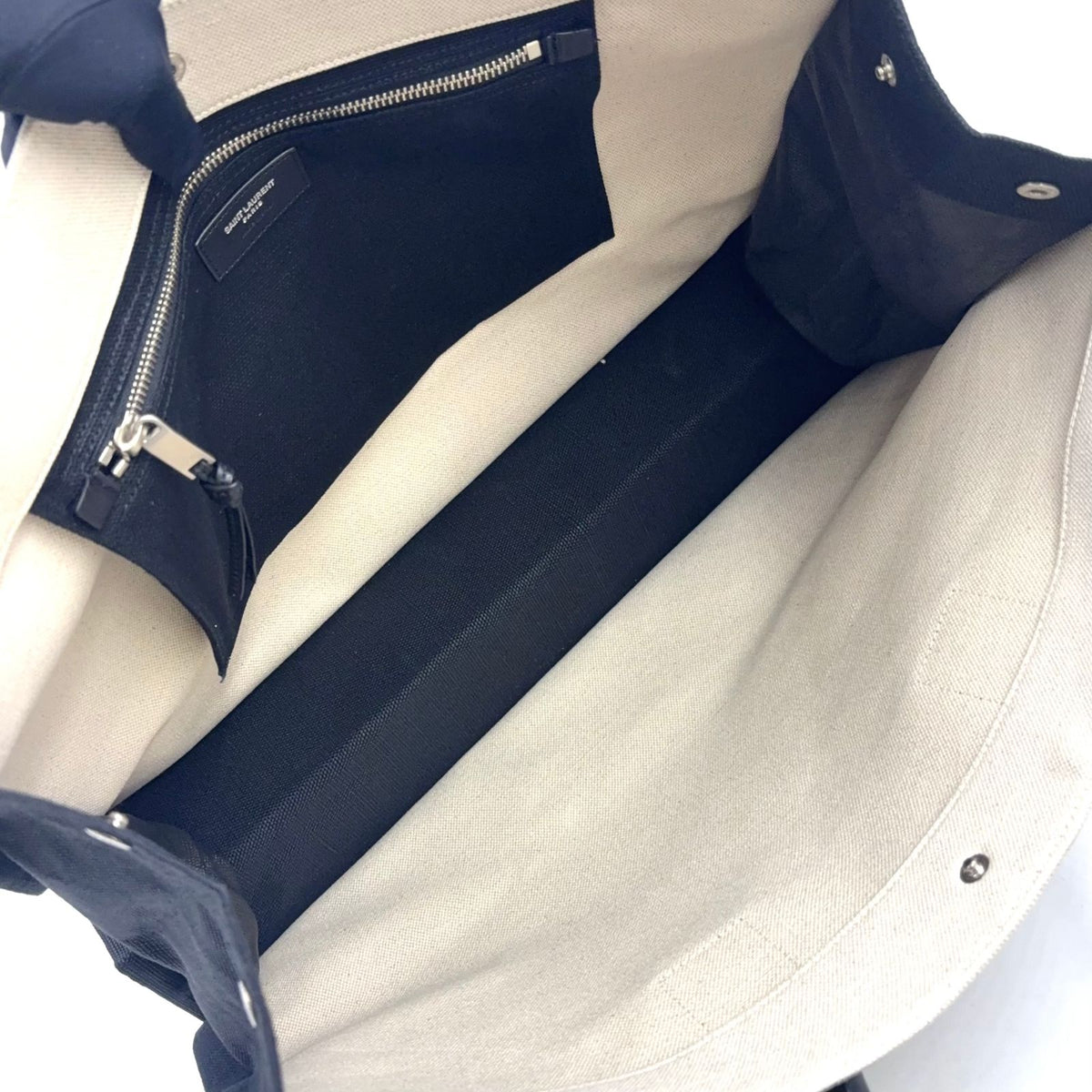 Saint Laurent Paris Rive Gauche Leather Canvas Black Beige Tote Bag Silver — view 3