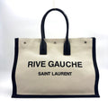 Saint Laurent Paris Rive Gauche Leather Canvas Black Beige Tote Bag Silver