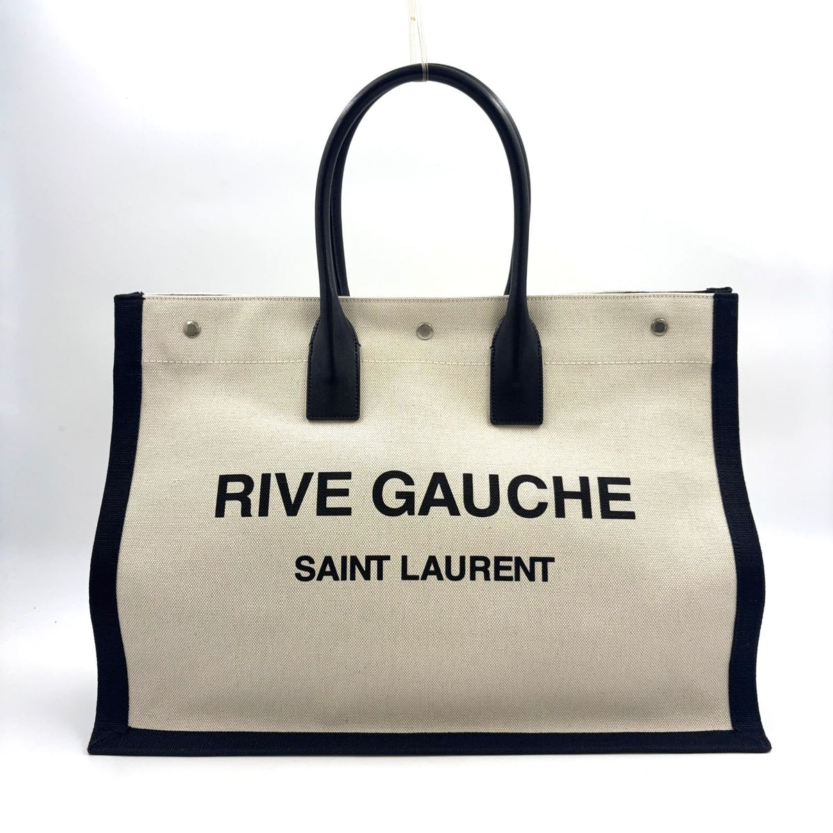 Saint Laurent Paris Rive Gauche Leather Canvas Black Beige Tote Bag Silver