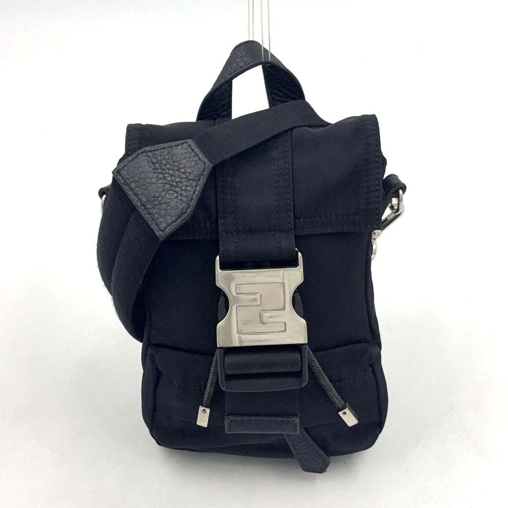 Fendi Ness Mini Leather Nylon Black Shoulder Bag Silver