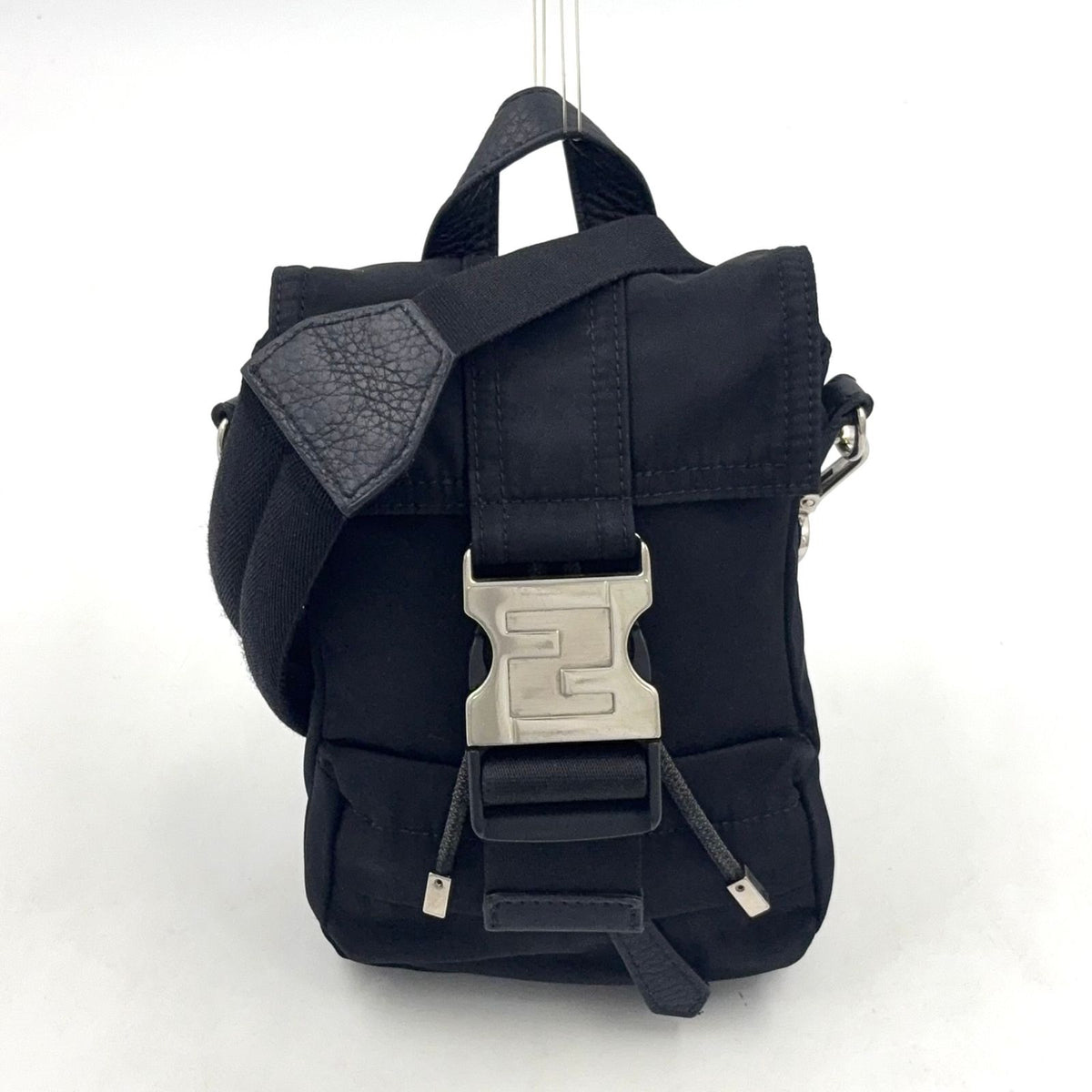 Fendi Ness Mini Leather Nylon Black Shoulder Bag Silver