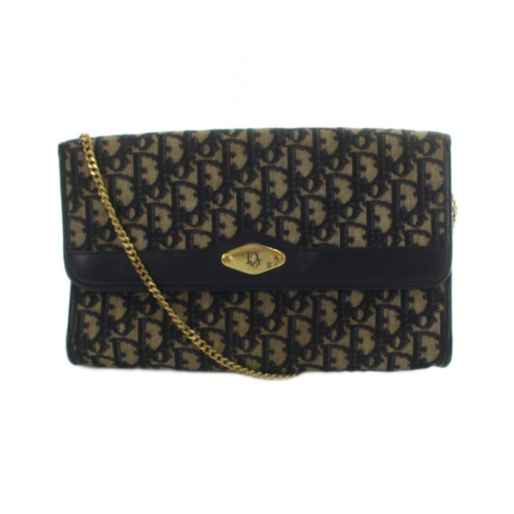 Dior Vintage Trotter Chain Shoulder Bag Gold Canvas Leather Navy Beige
