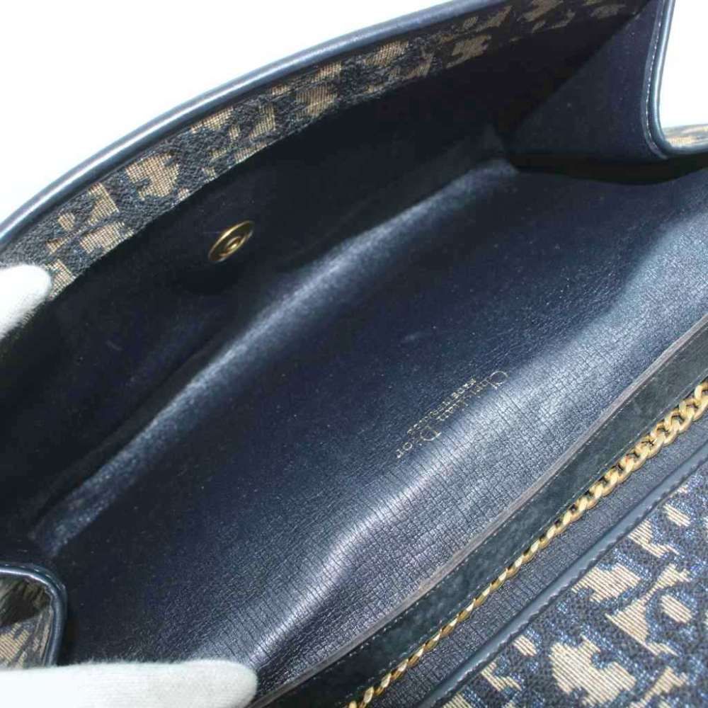Dior Vintage Trotter Chain Shoulder Bag Gold Canvas Leather Navy Beige — view 6