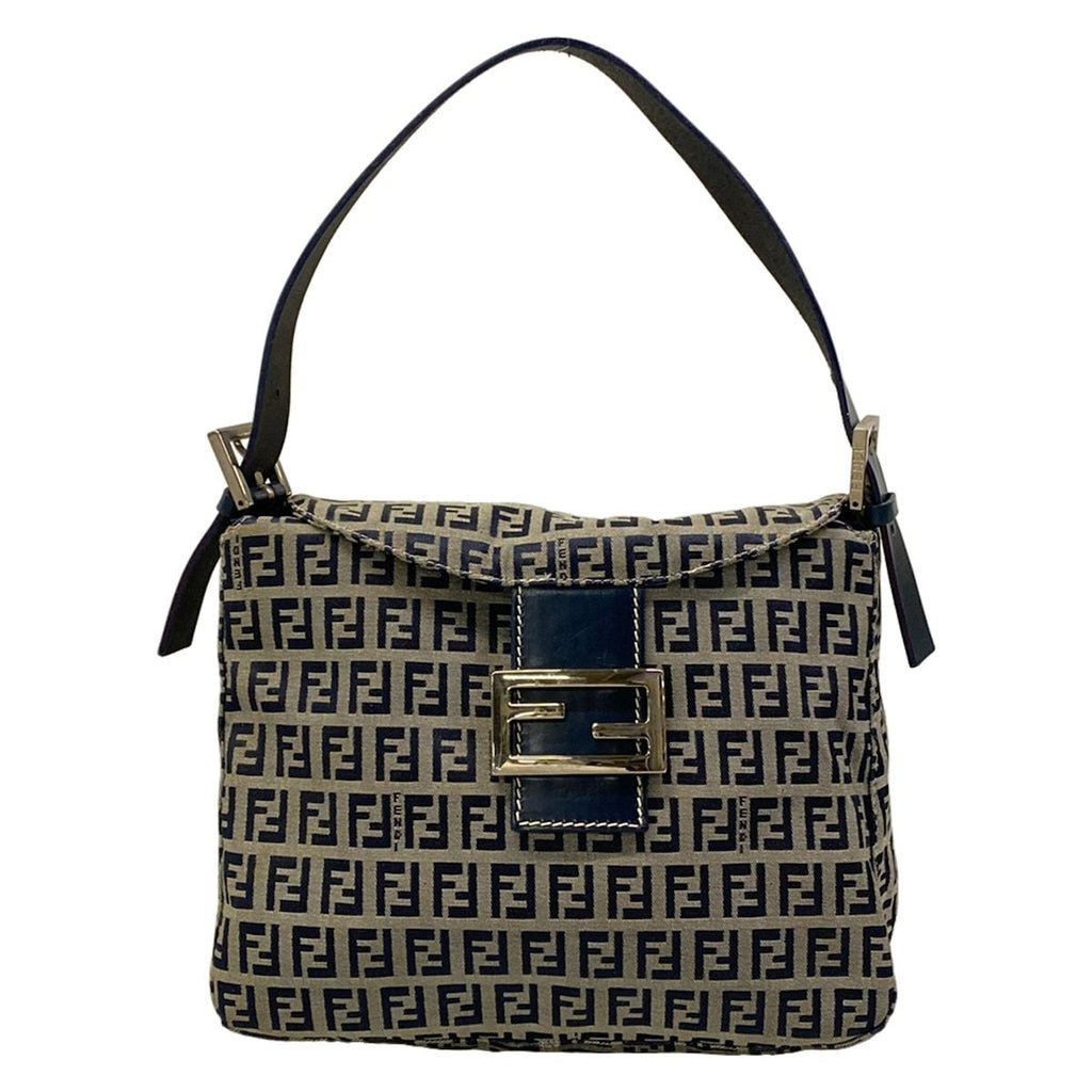 Fendi Handbag Zucchino Pattern White Dark Navy Leather
