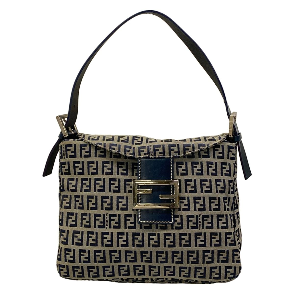 Fendi Handbag Zucchino Pattern White Dark Navy Leather