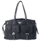 Prada Triangle Logo Tessuto Boston Bag Black Nylon Silver