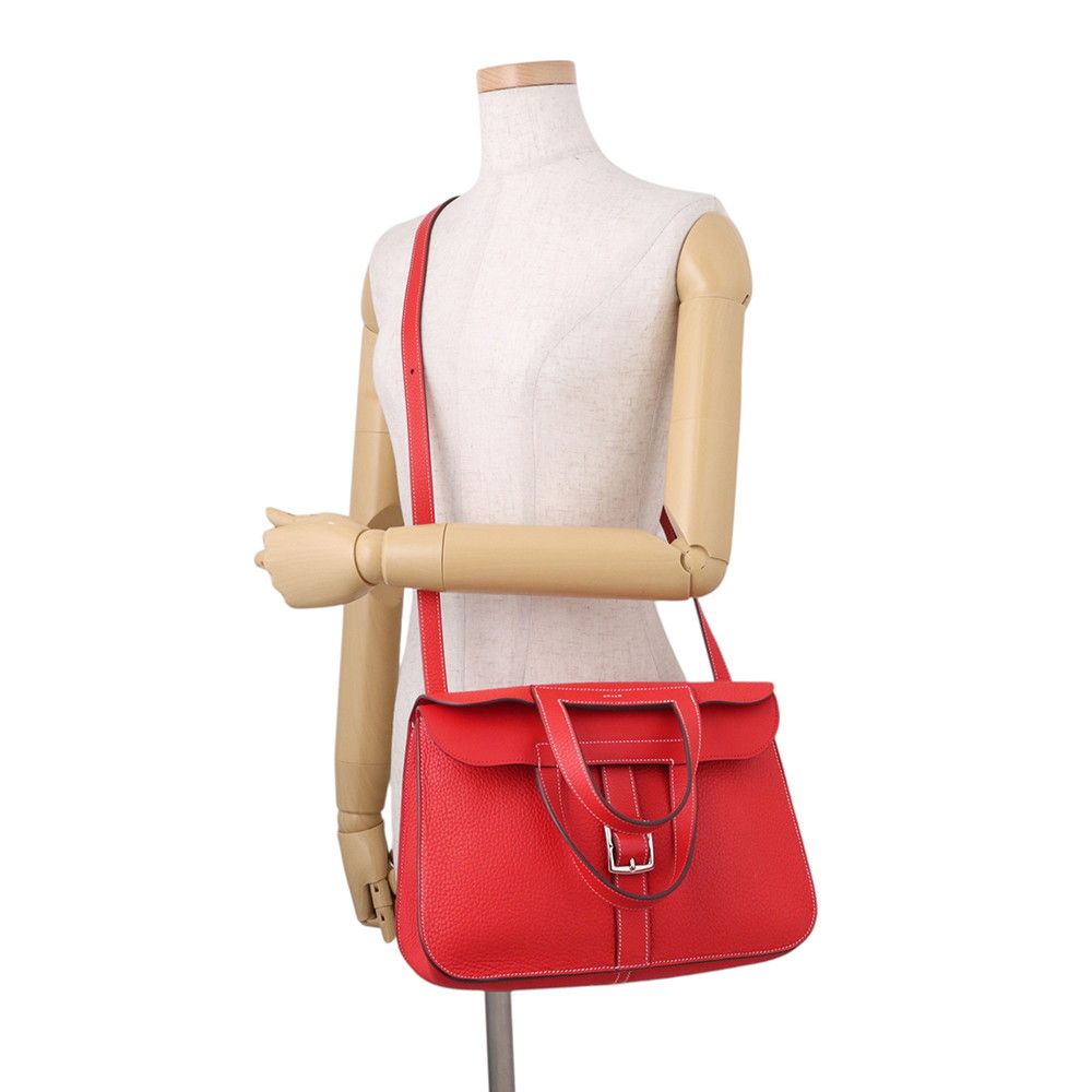 Hermes Handbag Rouge Casaque Silver Taurillon Clemence 2-Way — view 5