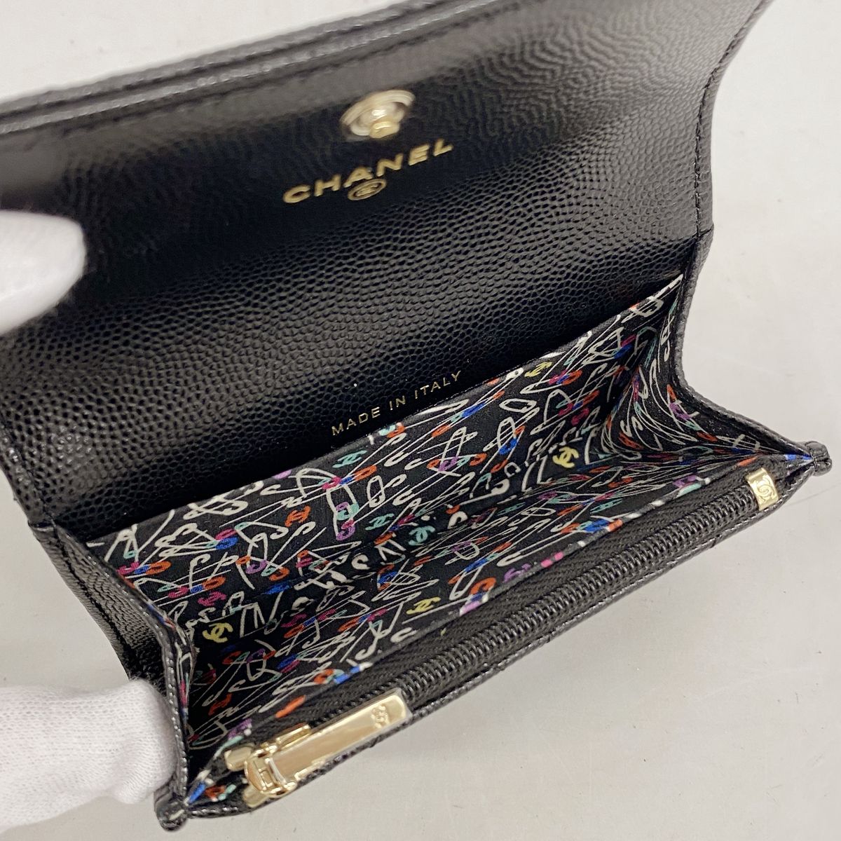 Chanel Coin Purse Quilted Caviar Leather Black Gold — view 3