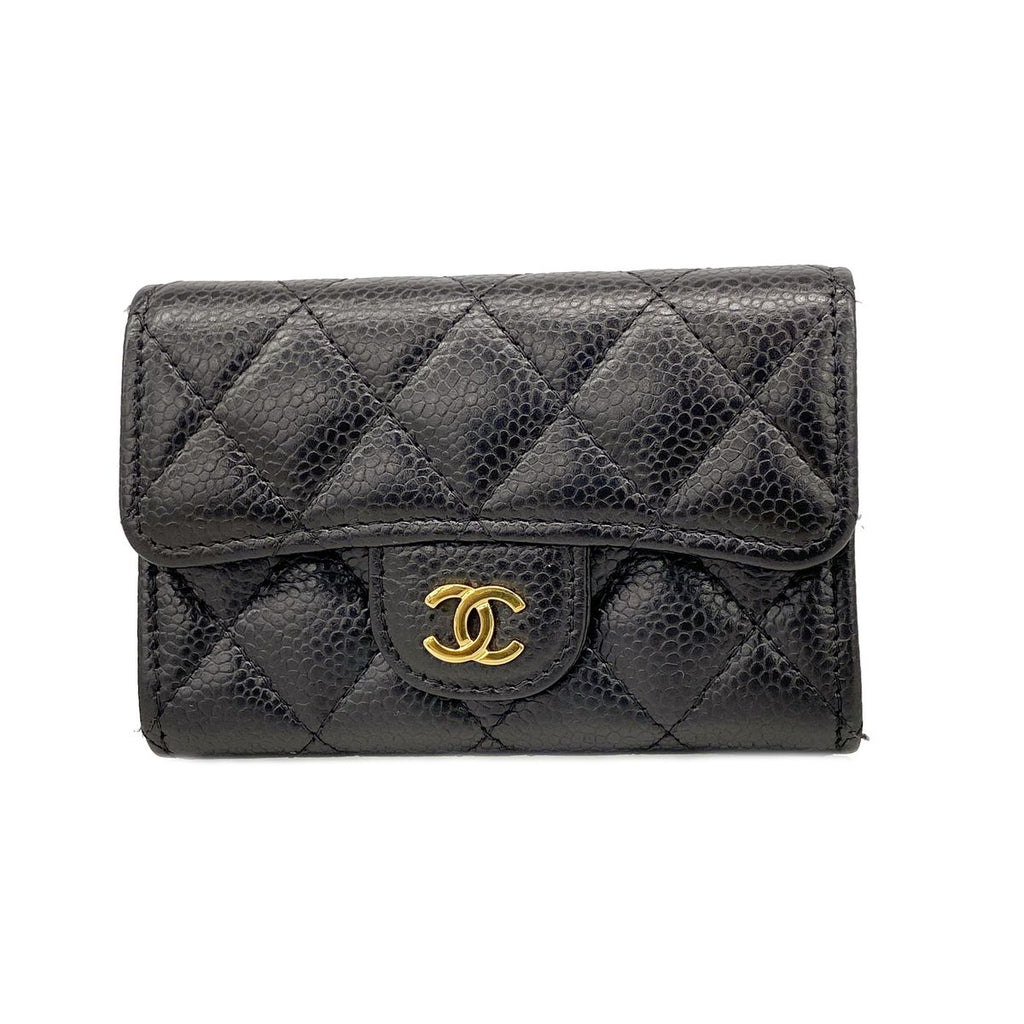 Chanel Card Case Quilted Caviar Leather Black Gold