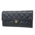 Chanel Wallet Quilted Caviar Leather Black Gold