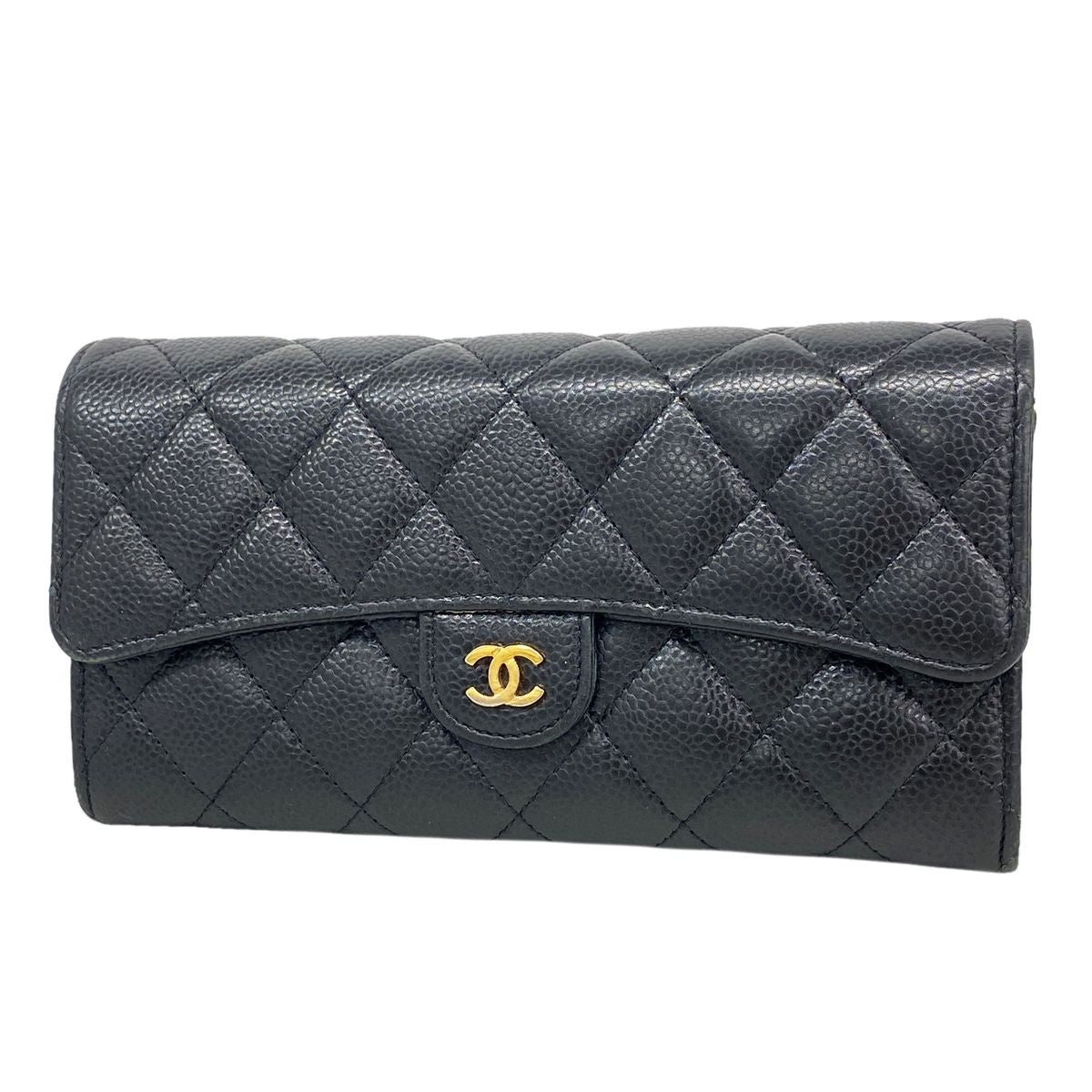 Chanel Wallet Quilted Caviar Leather Black Gold