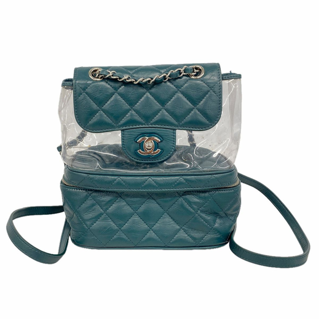 Chanel Backpack Quilted Lambskin Vinyl Green Silver