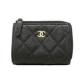 Chanel Trifold Wallet Quilted Caviar Leather Black Champagne Gold