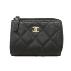 Chanel Trifold Wallet Quilted Caviar Leather Black Champagne Gold