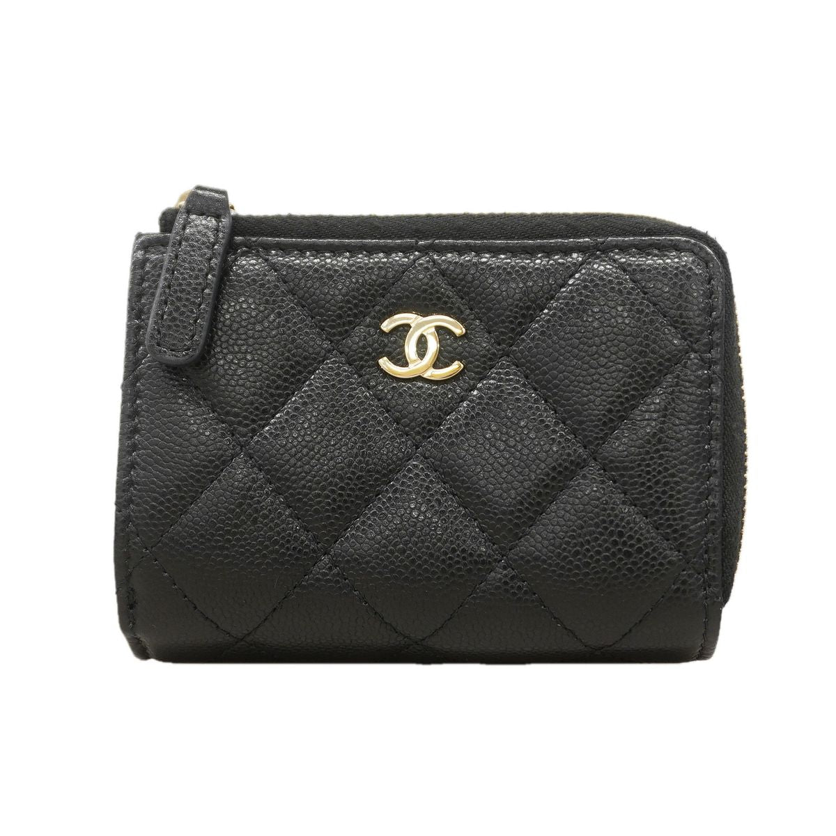 Chanel Trifold Wallet Quilted Caviar Leather Black Champagne Gold