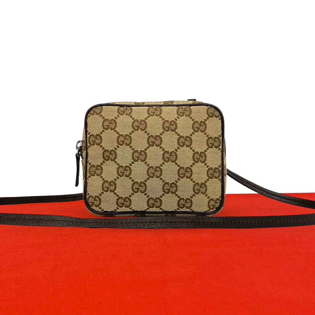 Gucci GG Logo Pattern Canvas Leather Mini Small Shoulder Bag Pochette Brown
