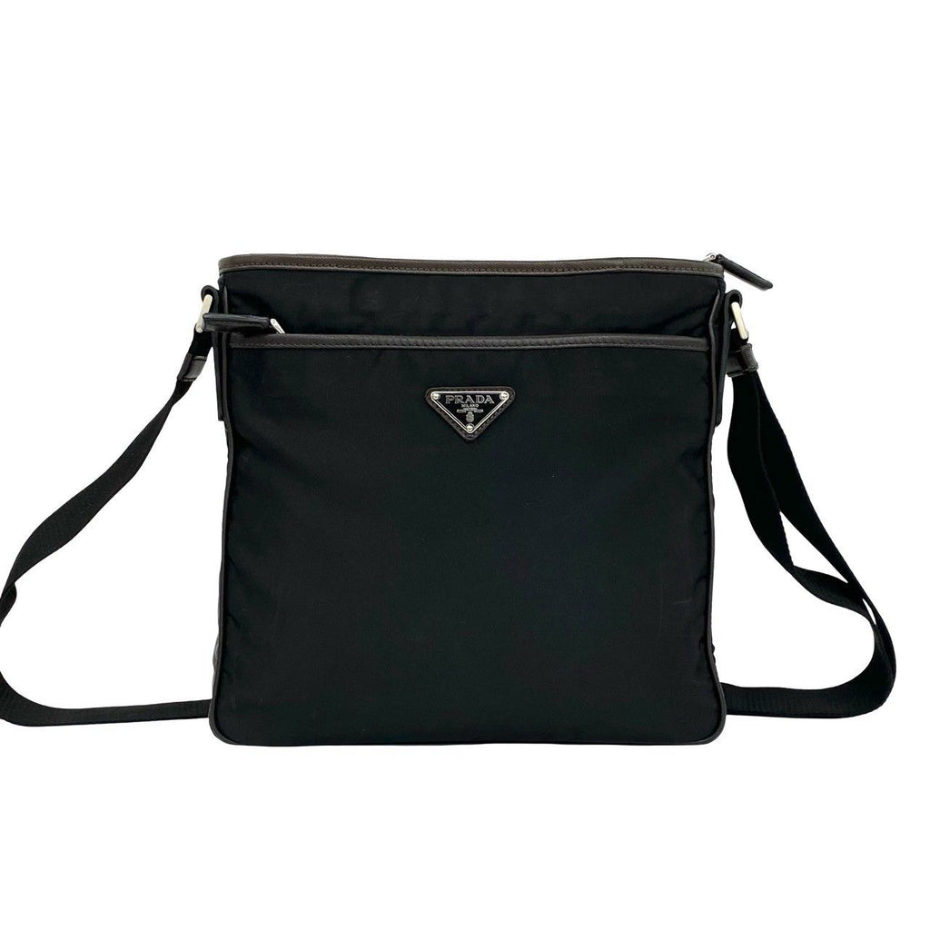 Prada Triangle Logo Tessuto Nylon Saffiano Leather Shoulder Bag Black Brown — view 3