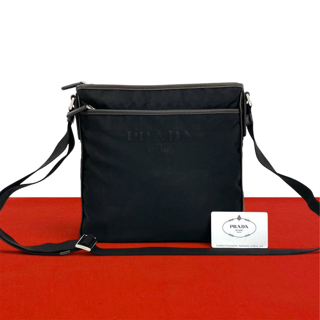 Prada Triangle Logo Tessuto Nylon Saffiano Leather Shoulder Bag Black Brown
