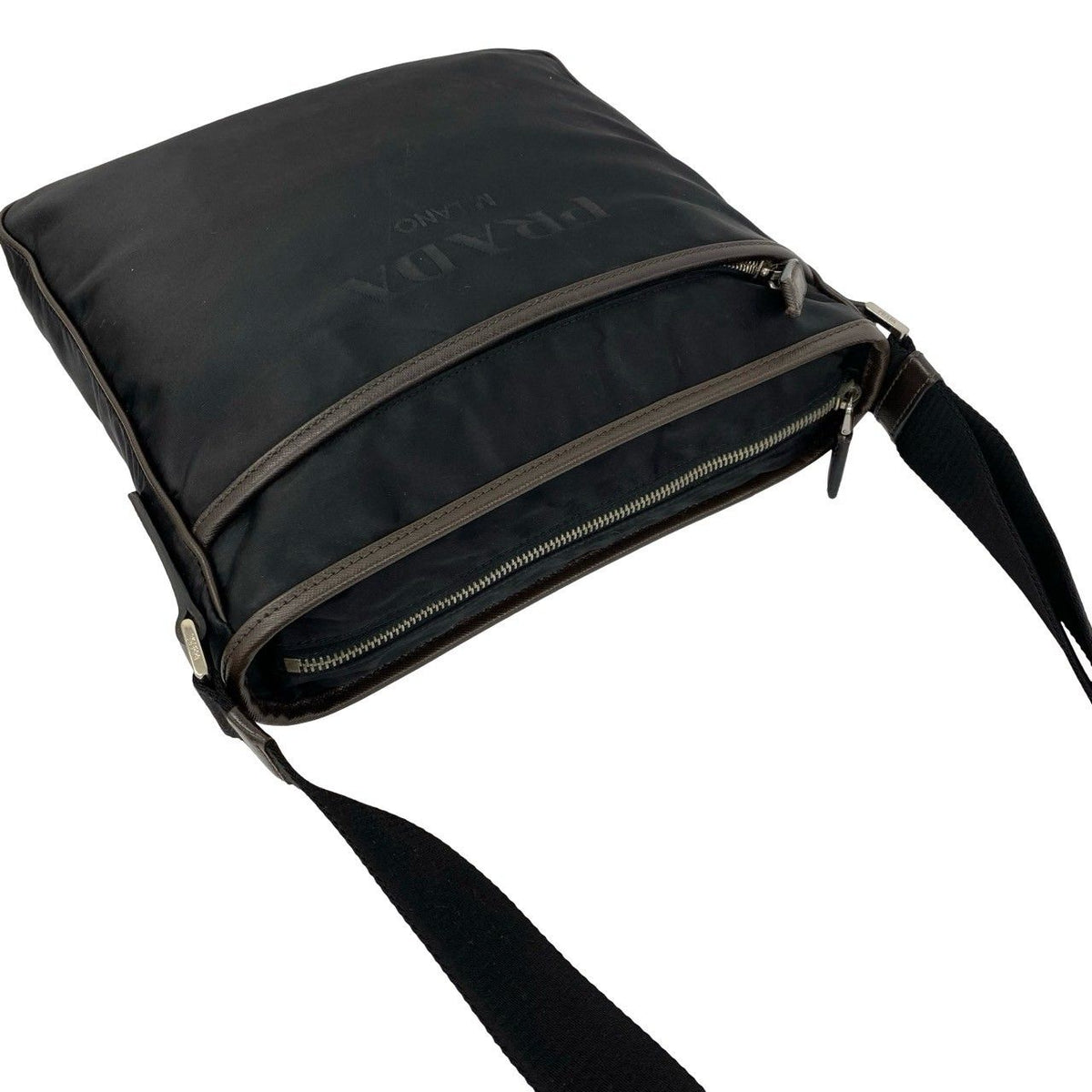 Prada Triangle Logo Tessuto Nylon Saffiano Leather Shoulder Bag Black Brown — view 4