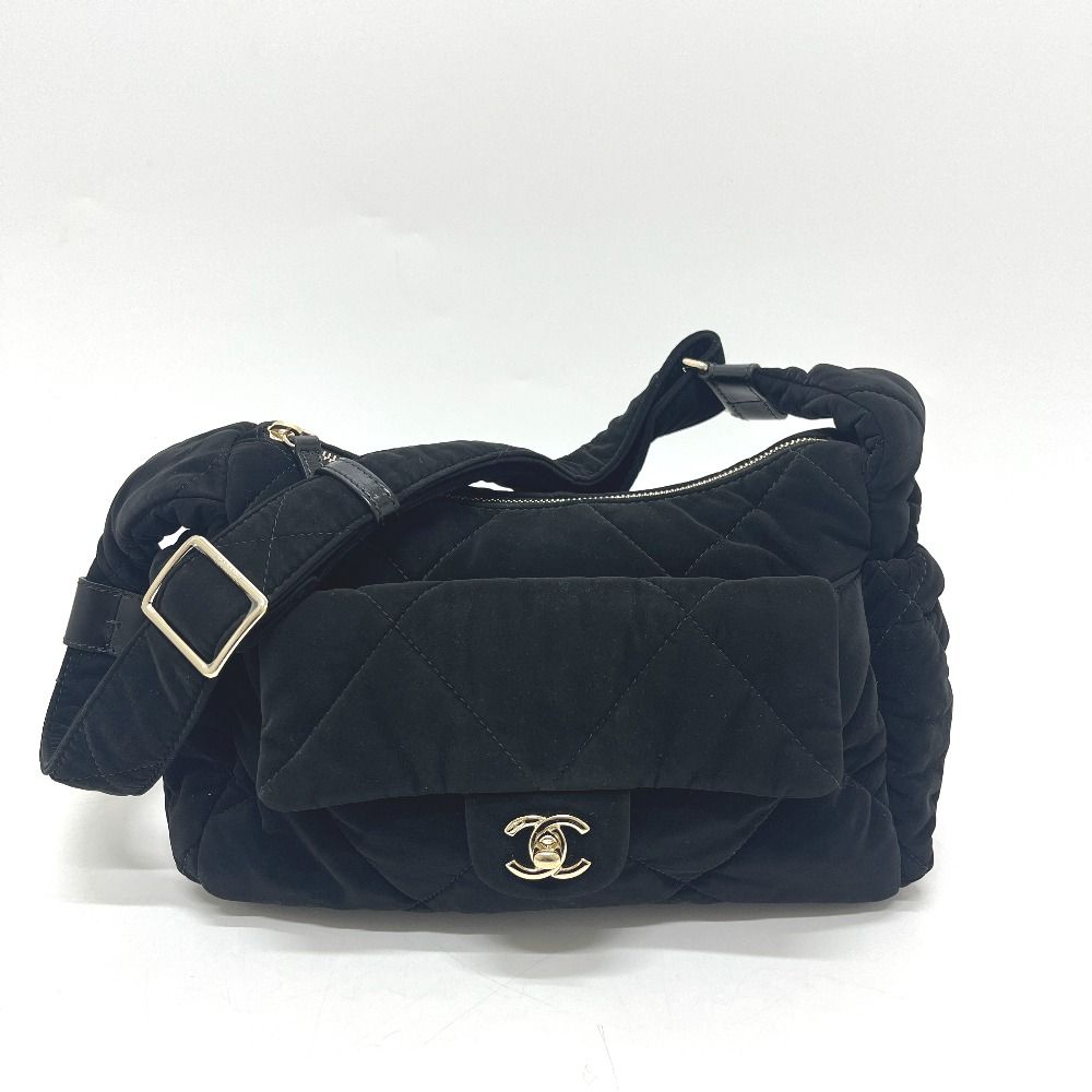 Chanel Shoulder Bag CC Logo Large Bowling Quilted Velvet Black