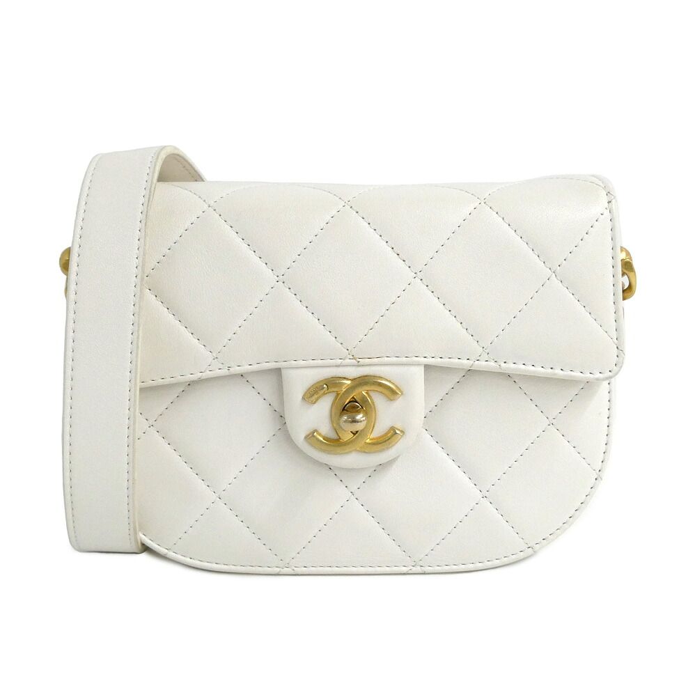 Chanel Chain Shoulder Bag Quilted White GD Lambskin Round Moon