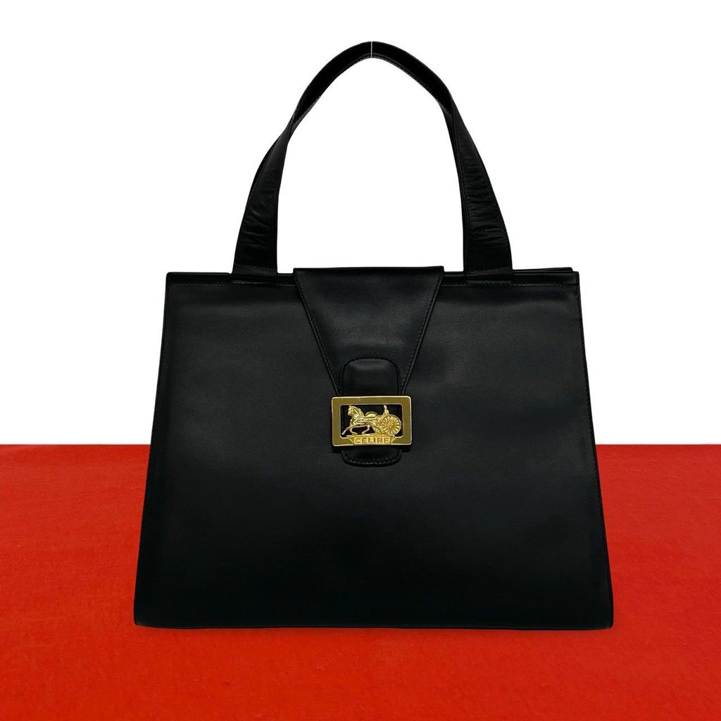 Celine Vintage Horse Carriage Logo Leather Tote Bag Black