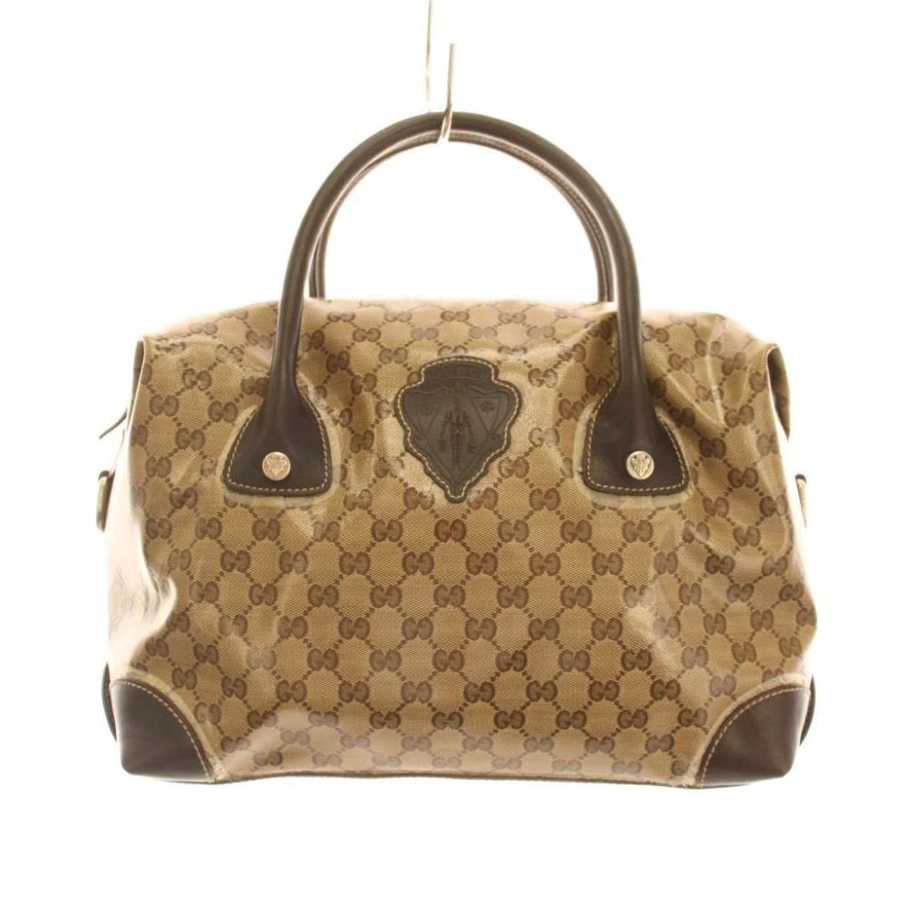Gucci GG Crystal Crest Boston Bag Leather Beige Dark Brown
