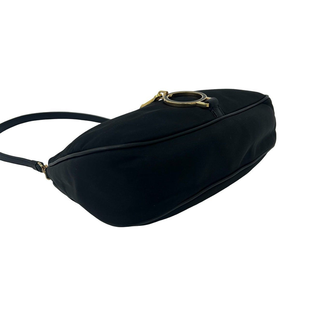 Prada Triangle Logo Circle Plate Nylon Leather Shoulder Bag Black — view 7