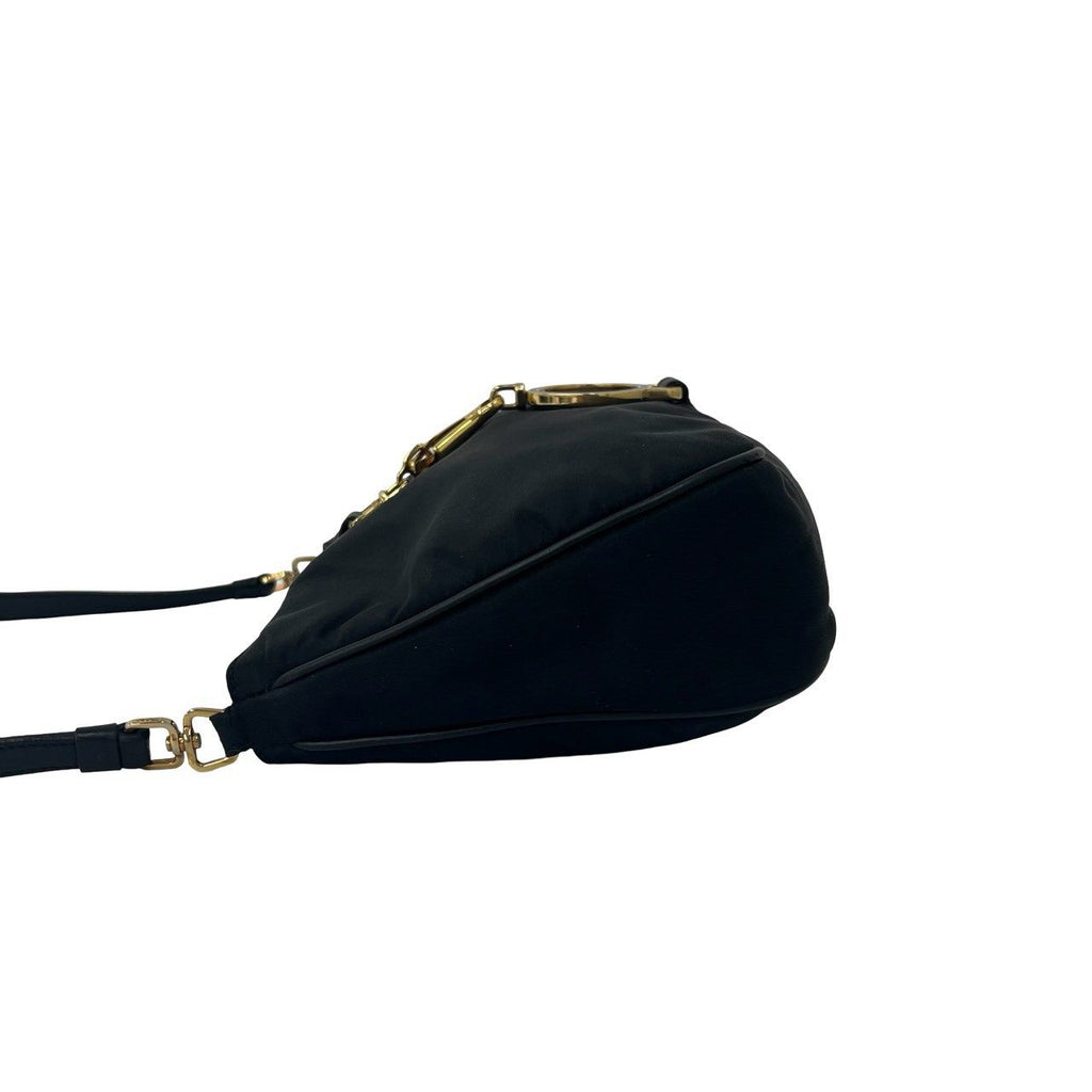 Prada Triangle Logo Circle Plate Nylon Leather Shoulder Bag Black — view 5