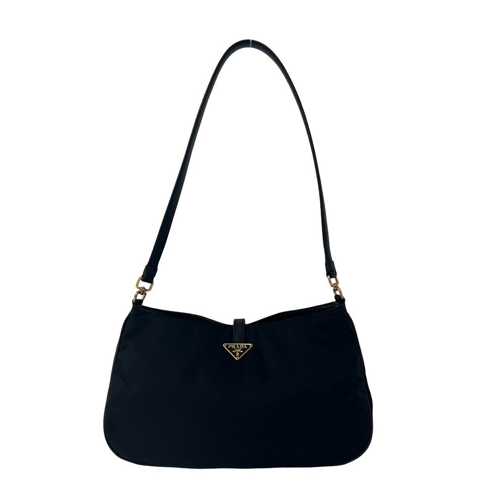 Prada Triangle Logo Circle Plate Nylon Leather Shoulder Bag Black — view 3