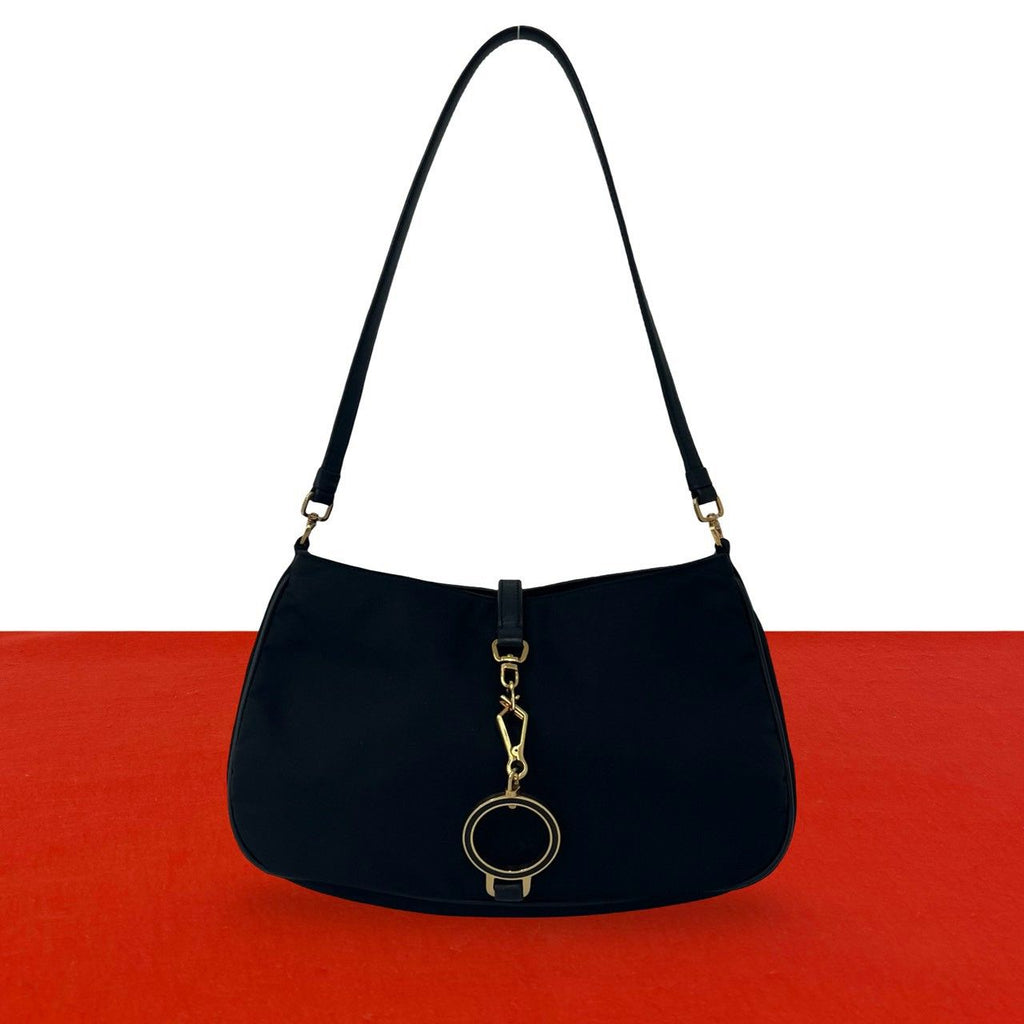 Prada Triangle Logo Circle Plate Nylon Leather Shoulder Bag Black