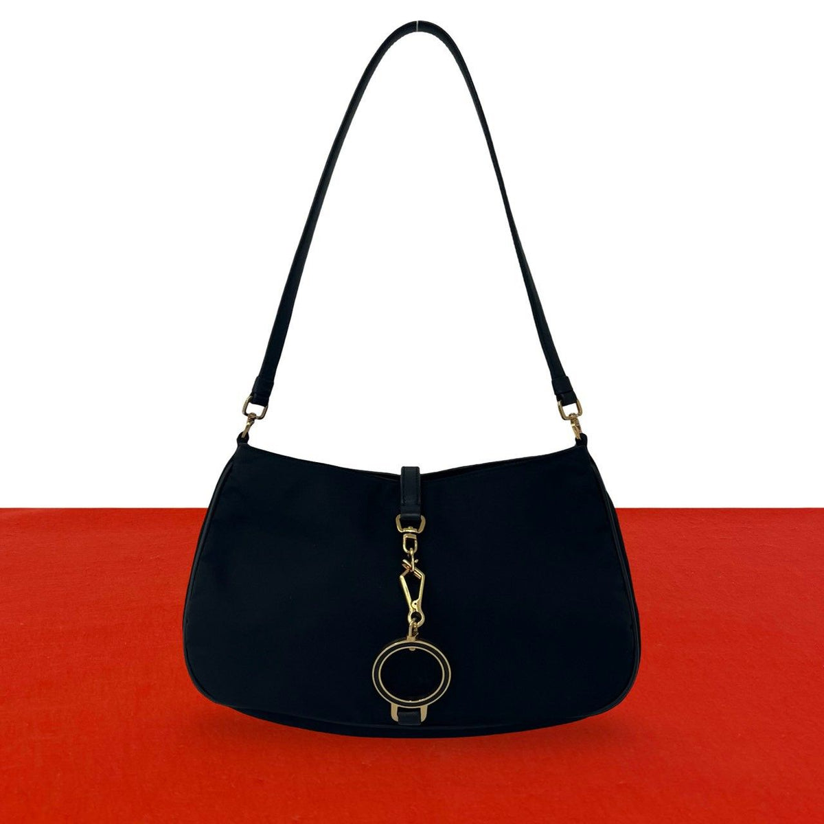 Prada Triangle Logo Circle Plate Nylon Leather Shoulder Bag Black
