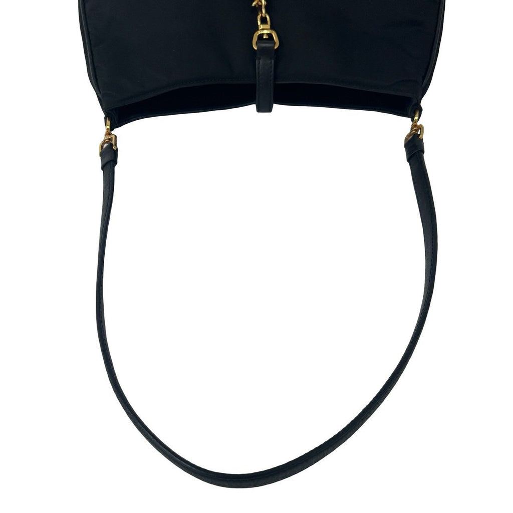 Prada Triangle Logo Circle Plate Nylon Leather Shoulder Bag Black — view 4