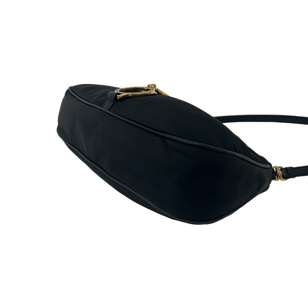 Prada Triangle Logo Circle Plate Nylon Leather Shoulder Bag Black — view 8