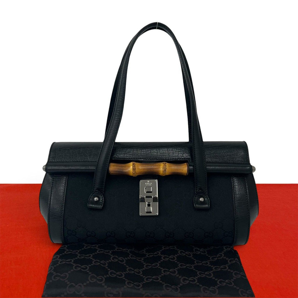 Gucci Vintage Gucci Bamboo GG Logo Leather Canvas Handbag Bag Black