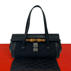 Gucci Vintage Gucci Bamboo GG Logo Leather Canvas Handbag Bag Black