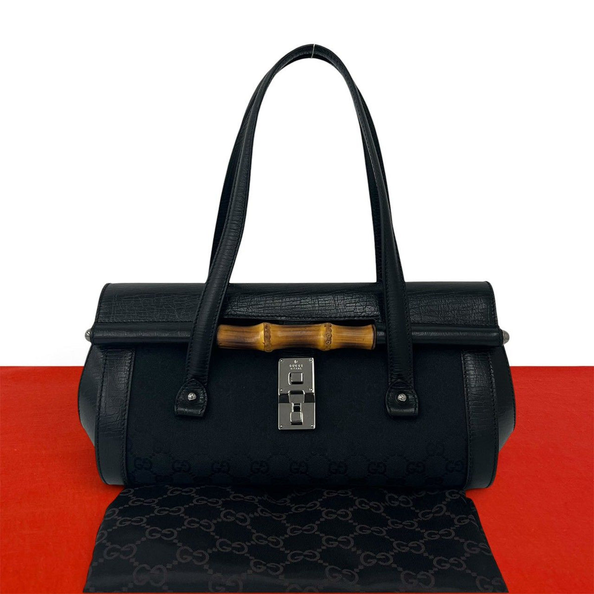 Gucci Vintage Gucci Bamboo GG Logo Leather Canvas Handbag Bag Black